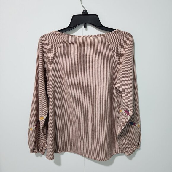 Savanna Jane NEW Long Sleeve Brown/Tan Striped Peasant Top with embroidery-Small - Picture 8 of 9